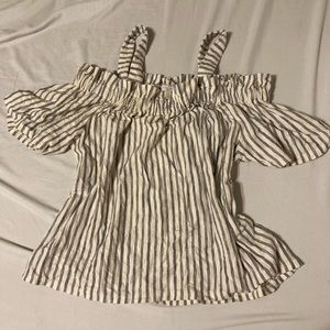 Lucky Brand off the shoulder summer top navy blue striped cotton size small